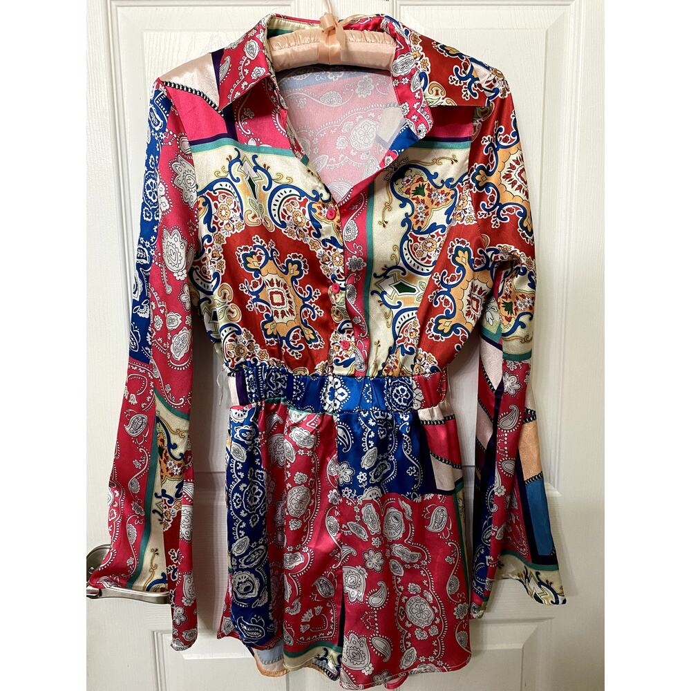 Fashion Nova Paisley Silky Long Sleeve Romper XS